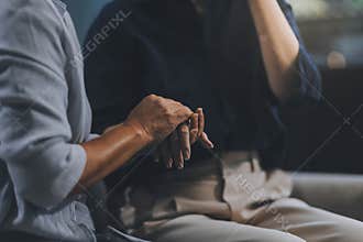 Sad teen granddaughter hugging depressed mature grandmother, giving support, help, comforting, consoling granny. Teenage daughter
