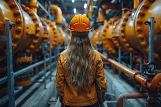 Female engineer at gas compressor station monitoring systems with laptop in company