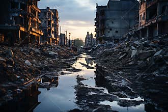 City ruins war aftermath, devastated buildings and wreckage from military bombing