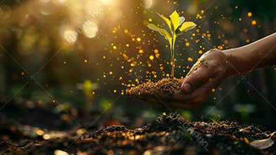 The parable of the mustard seed illustrated with a growing plant in soft golden light