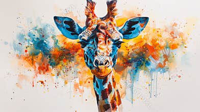 Expressive watercolor portrait of a giraffe surrounded by vibrant color splashes
