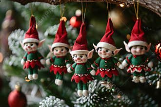 Christmas elves hanging on christmas tree bringing holiday cheer
