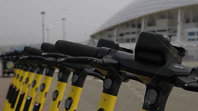 Close-up of a row of electric scooters in the park in summer for rent.