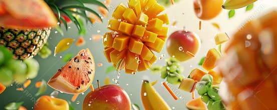 A selection of tropical fruits including mangoes, pineapples, and papayas, flying in the air,