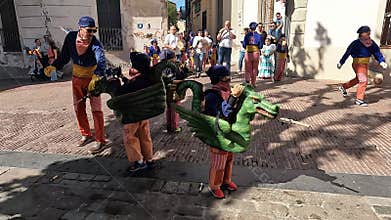 Badalona, Spain-July 6, 2024. Children\'s Correfoc Catalan cultural celebration with children dressed