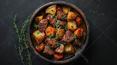Homemade Beef Stew With Vegetables On Dark Background