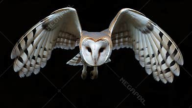 A barn owl with wings spread out.