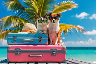 on summer beach Pet Travel, Cat Vacation, Dog Tourist, Cat and Dog next to Luggage