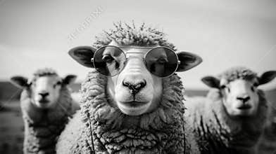 Sheep wearing sunglasses with two sheep in background, black and white photography. Humorous and playful animal concept