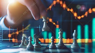 Businessman playing chess with financial charts in the background, illustrating strategic decision-making and investment