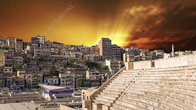Roman Theatre in Amman, Jordan . Against the sunset. 4K, time lapse