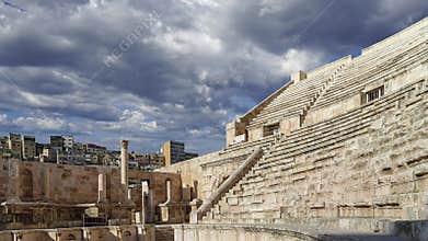 Roman Theatre in Amman, Jordan. Against the sky with clouds. 4K, time lapse