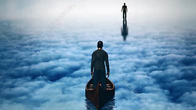 Man in boat in ocean of clouds. Soul journey