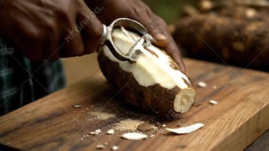 Close Up of Hands Peeling Cassava on Wooden Board in Outdoor Setting Cassava Root Vegetable Preparation Ingredient Food