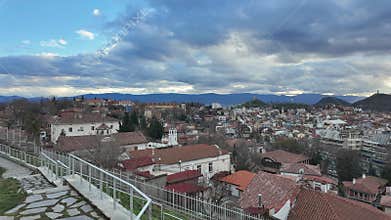 Sunset cityscape of Plovdiv city from Nebet Tepe hill, Bulgaria
