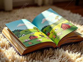 Open Children's Picture Book with Farm Animals Illustration