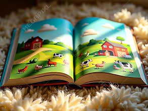 Open Children's Picture Book with Farm Animals Illustration