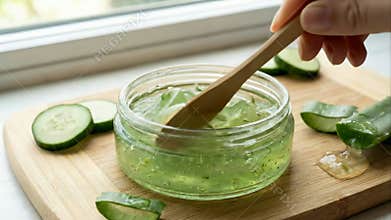 thick aloe vera and cucumber gel-cream being swirled with a small wooden spatula