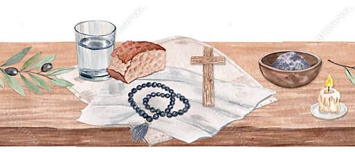 Wooden table with bread and water, rosary, cross, candle, bowl of ashes, olive branch seamless border on white