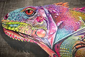 Graffiti wall, colorful lizard, mural painting