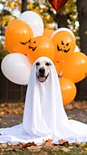 Happy dog dressed as a ghost with Halloween balloons in autumn setting