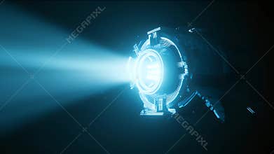 Futuristic engine emitting glowing blue energy stream