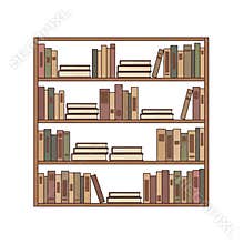 Illustration of a wooden bookshelf with multiple books on it various colored spines