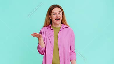 Adult woman smiling shaking head expressing disbelief sarcasm or amused reaction to silly situation