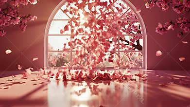 A Serene Indoor Scene With A Large Arched Window Framing Blossoming Pink Trees