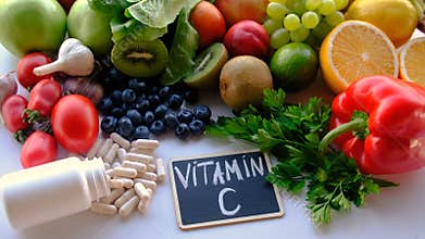 Products containing vitamin C. Selective focus.