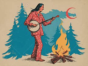 Man in 1950s Swiss ski poster style, playing banjo by a campfire at night Outdoor setting under the full moon with tall pine trees
