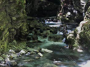 Motion blur of waterfall inflow in narrow gorge