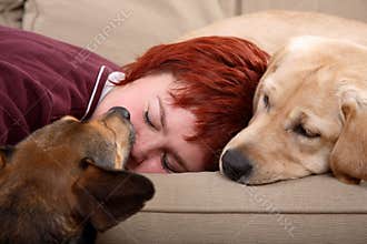 Woman and her pet dogs