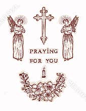 Holy cross praying for you sentiment blessing . Angel christian religious card illustration. Hand drawn angelic spirit