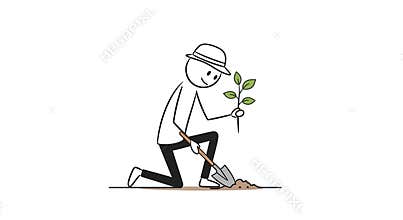 Stickman Planting Tree Sapling with Shovel on White Background Illustration