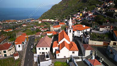 Aerial view of Porto Moniz church and townscape in Madeira, Portugal
