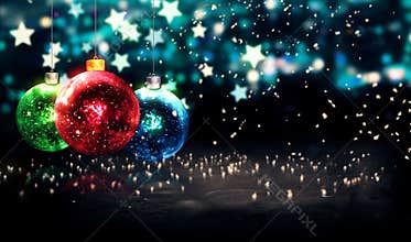 Hanging Baubles Christmas Blue Star Night Bokeh Beautiful 3D