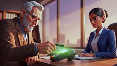 Elderly white man and asian banker assisting with card payment at office desk, pointofsale terminal displays approval check