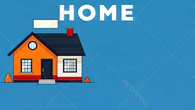 Playful Cartoon House Illustration with \'HOME\' Text, Modern Design, Cheerful Colors on blue backdrop