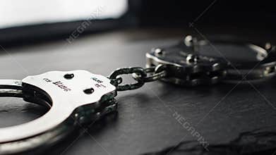A showcasing a pair of handcuffs on a dark surface, highlighting crime and law enforcement in a dramatic setting.