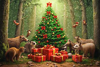 Magic of Christmas in a forest surrounded by joyful animals and gifts