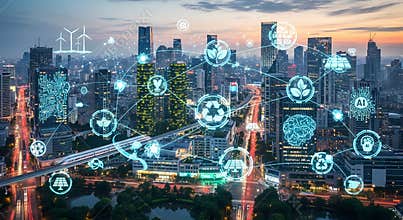 Sustainable cityscape with eco friendly technology and AI integration