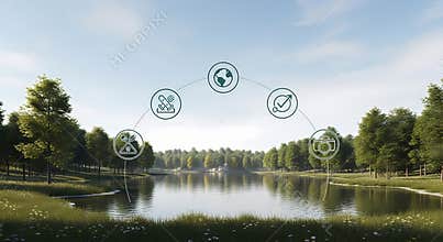 Serene lake landscape with eco friendly icons and green trees