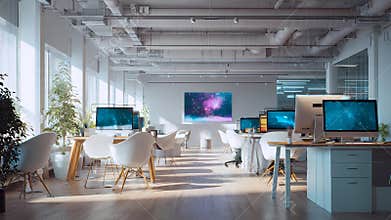 Modern office space with computers and white furniture interior
