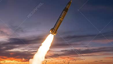 Ballistic missile launching from a silo into a sunset sky, tactical nuclear weapon concept, military strike threat, geopolitical