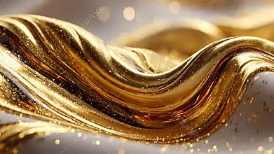 Golden liquid wave with sparkles on a white background