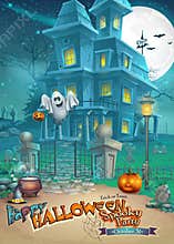 Holiday card with a mysterious Halloween haunted house, scary pumpkins, magic hat and cheerful ghost