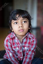 Adorable boy in checked shirt child staring with focus and attention