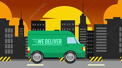 Delivery Van Driving Through City Day Sunset and Night Scenes