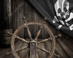 Pirates ship deck with steering wheel and flag